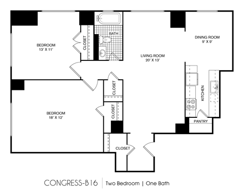 Floor plan for 2 beds, 1 bath, 900 sqft